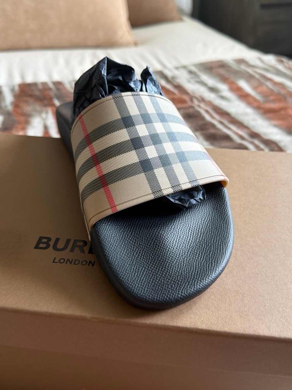 Versace Beige Plaid Slide Sandals with Black Footbed